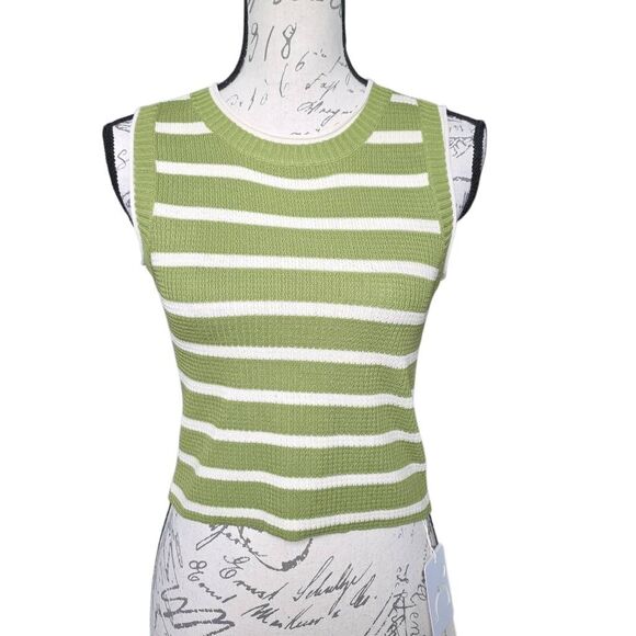 Commense Women's Size Large Green White Striped Knit Sleeveless Crop - Picture 1 of 6
